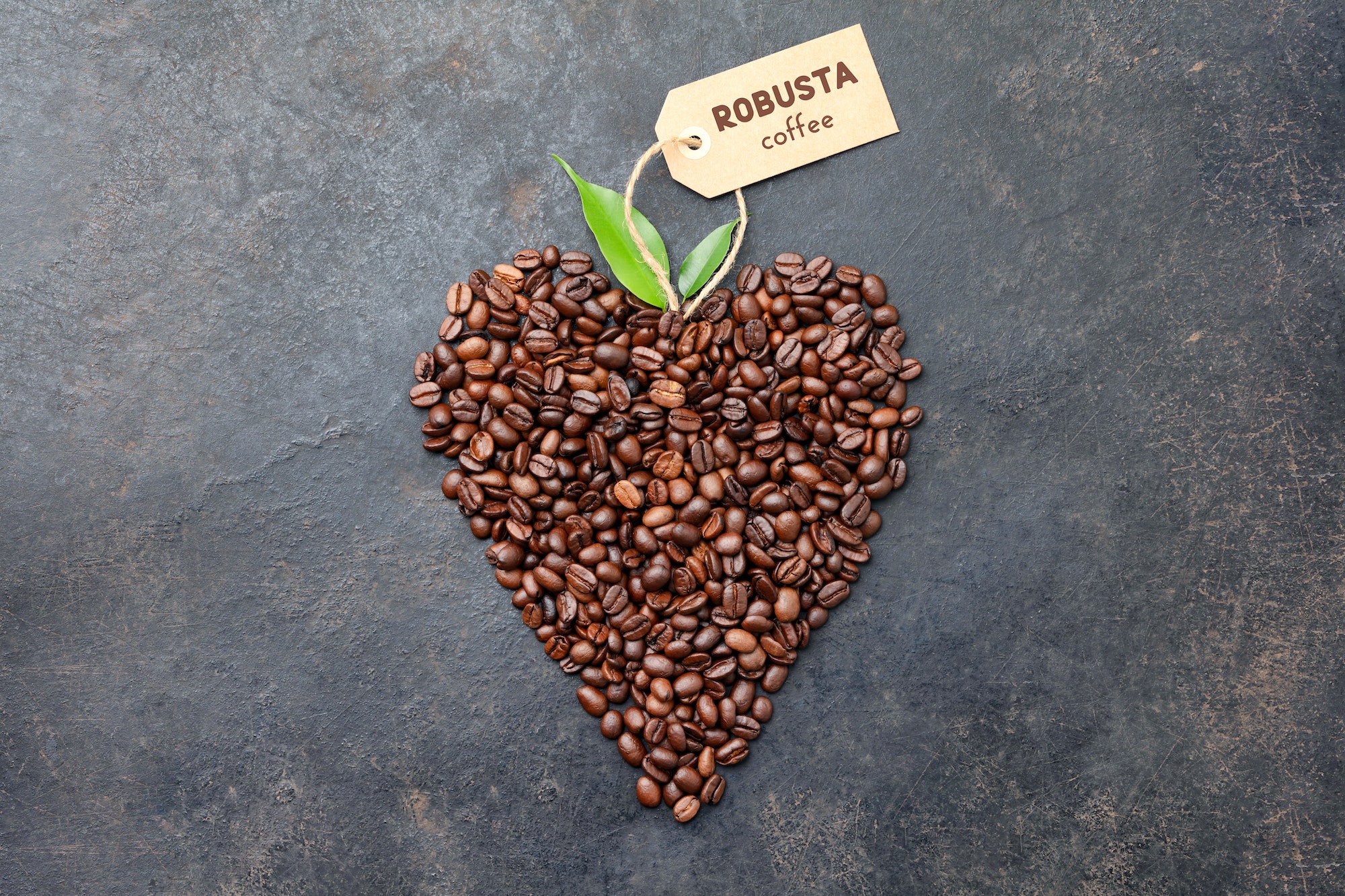 Robusta coffee beans in shape of heart on dark rustic background